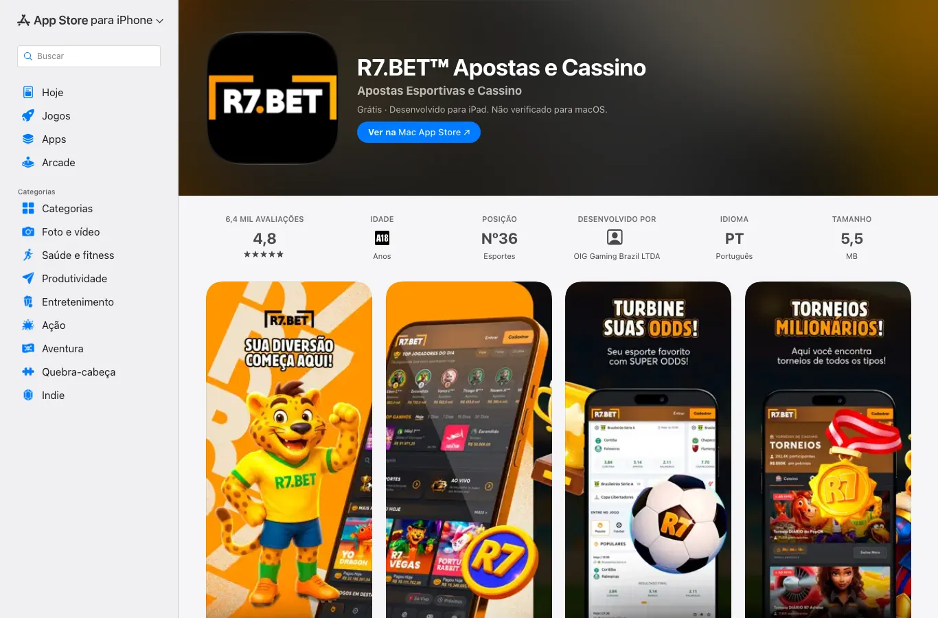Ficha do app R7.BET na App Store, nota 4,8