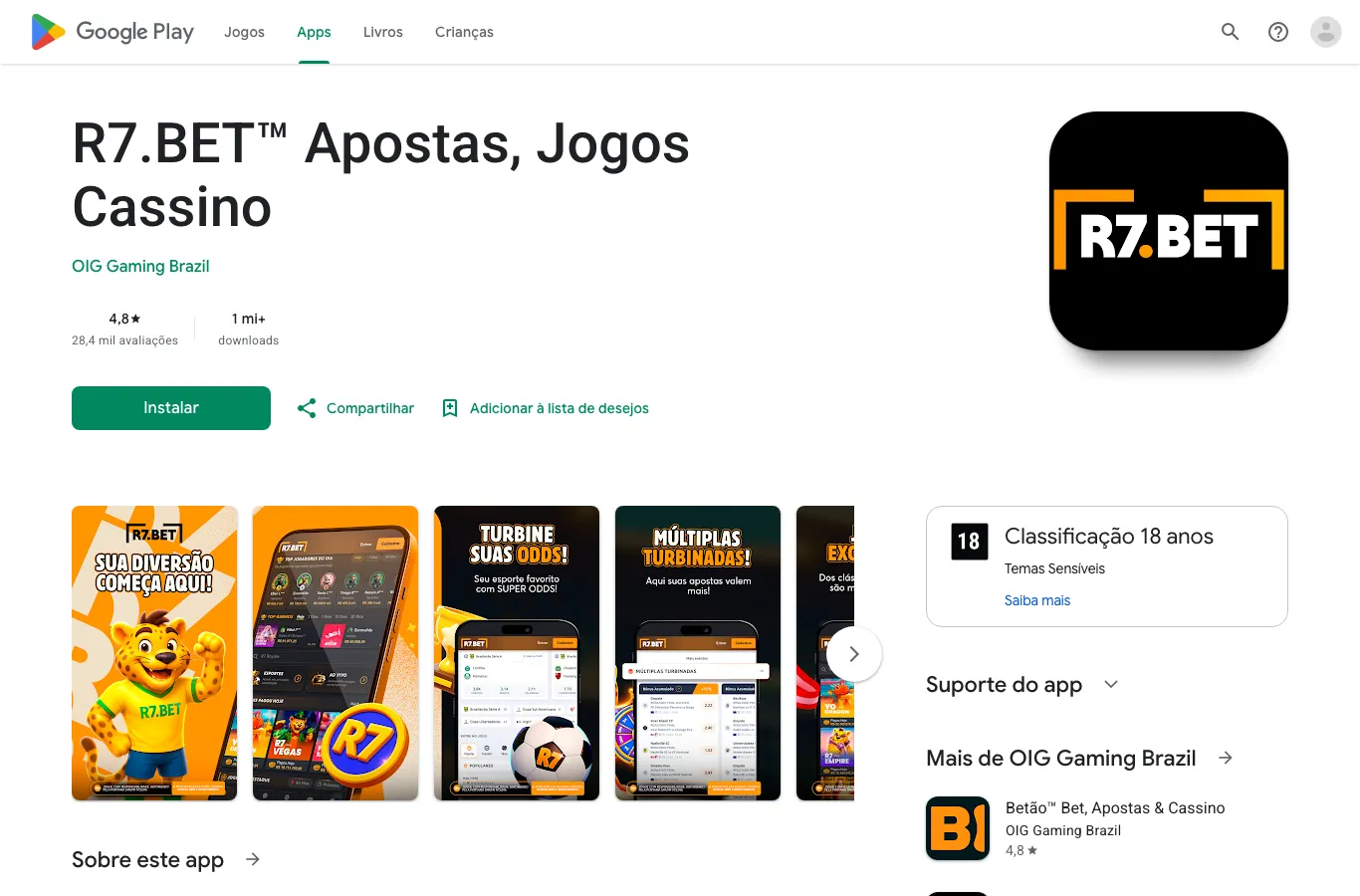 Ficha do app R7.BET na Google Play, nota 4,8