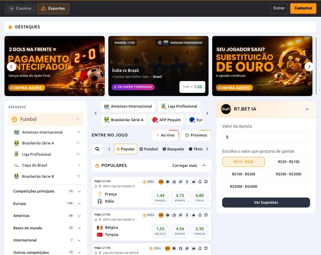 Página de apostas esportivas da R7.BET com SuperOdds