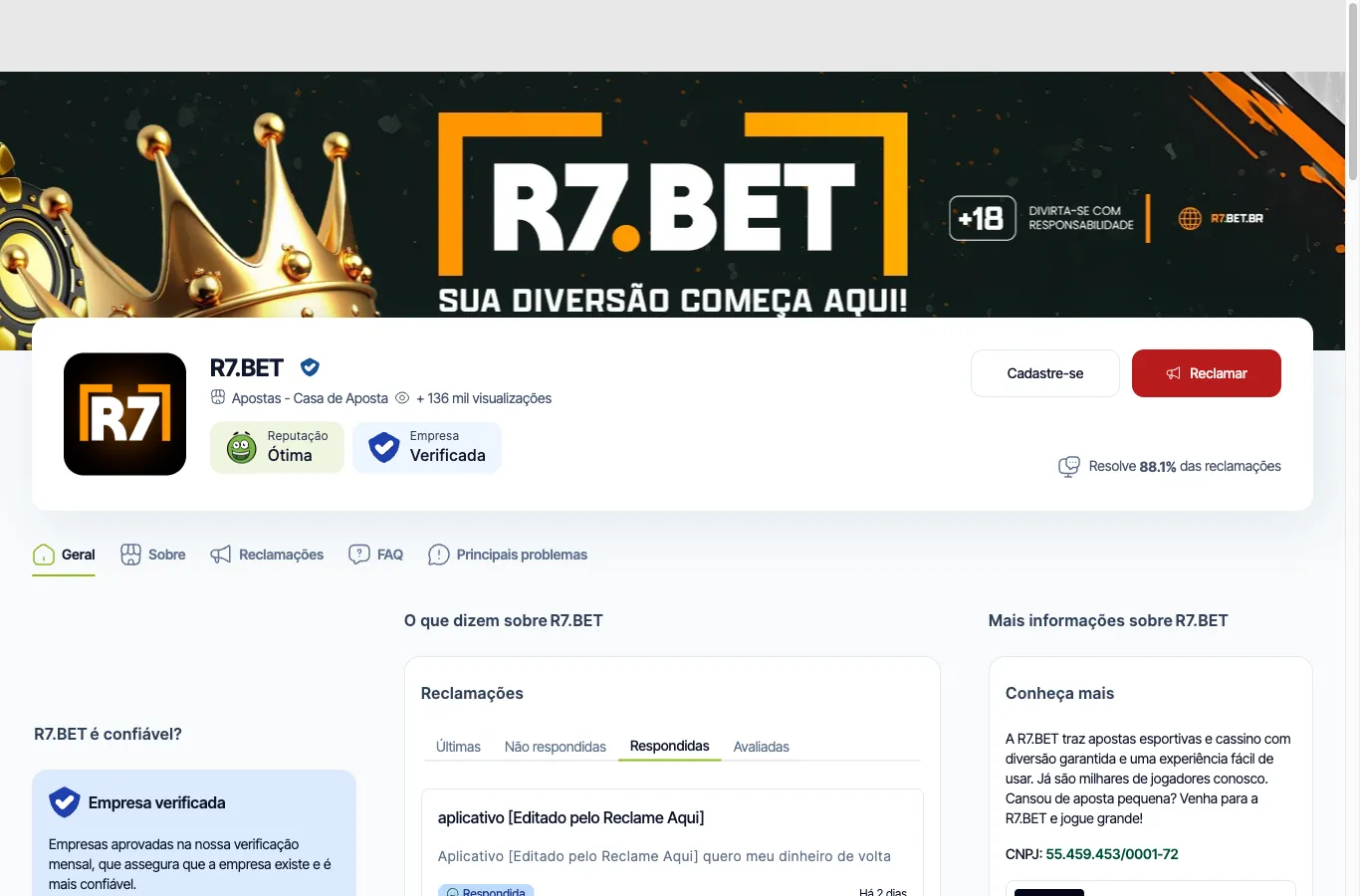 Ficha da R7.BET no Reclame Aqui, reputação Ótima